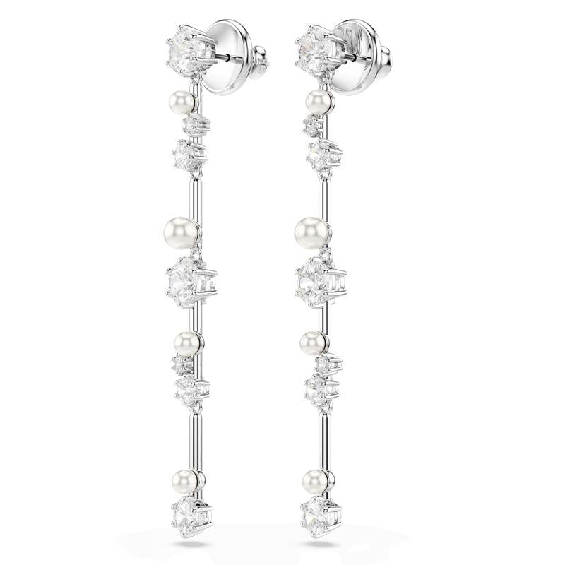 Swarovski Constella Crystal Pearl Round Cuts Rhodium Plated White Drop Earrings