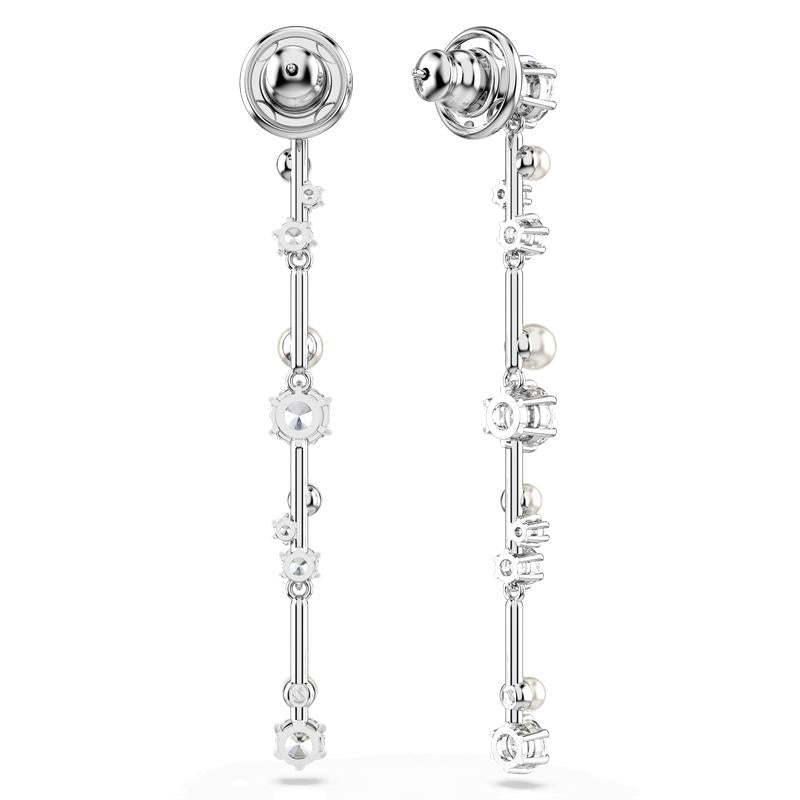 Swarovski Constella Crystal Pearl Round Cuts Rhodium Plated White Drop Earrings