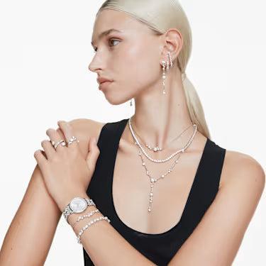 Swarovski Constella Crystal Pearl Round Cuts Rhodium Plated White Drop Earrings