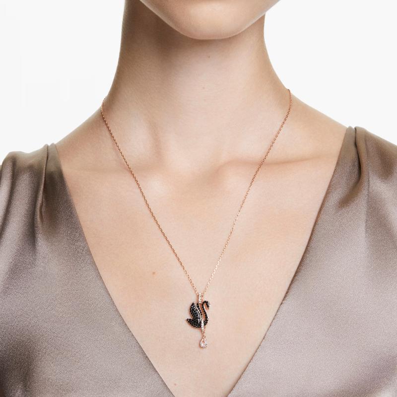 Swarovski Swan Pendant Pavé Black 18K Rose Gold Necklace