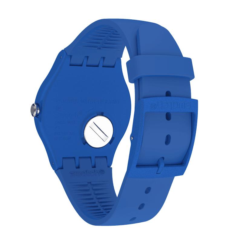 Swatch BELTEMPO blue bio-sourced watch featuring a 41mm round case, velvety strap, and Swiss-made quartz precision.