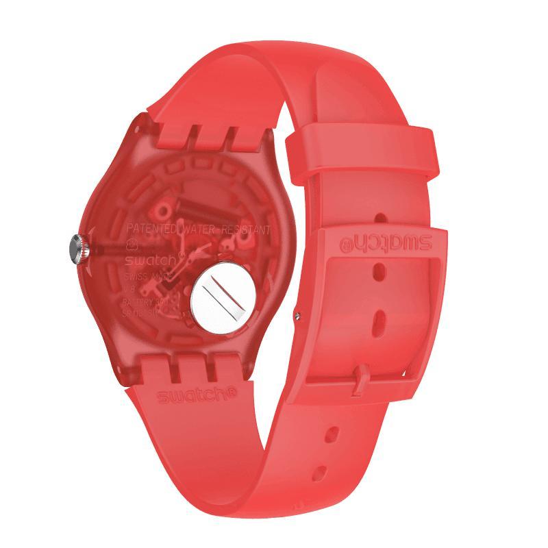 Swatch Bloody Orange watch with a vibrant orange frosted silicone strap and translucent case showing the Swiss movement.