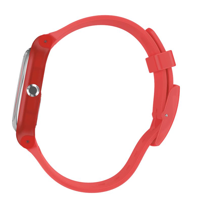 Swatch Bloody Orange watch with a vibrant orange silicone strap and translucent plastic case, side profile view.
