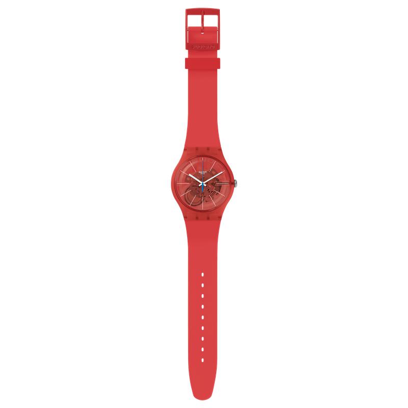 Swatch Bloody Orange watch with a translucent dial, frosted silicone strap, and bold red design for a vibrant, sporty look.