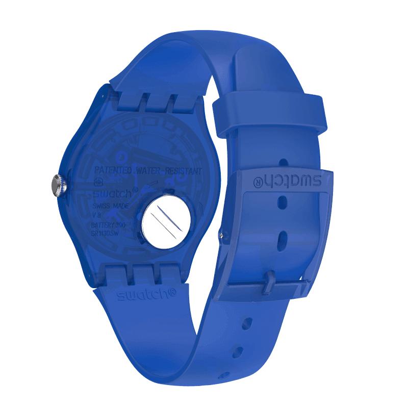Swatch BLUE SIRUP watch featuring a vibrant blue translucent case and frosted silicone strap with Swiss quartz movement.