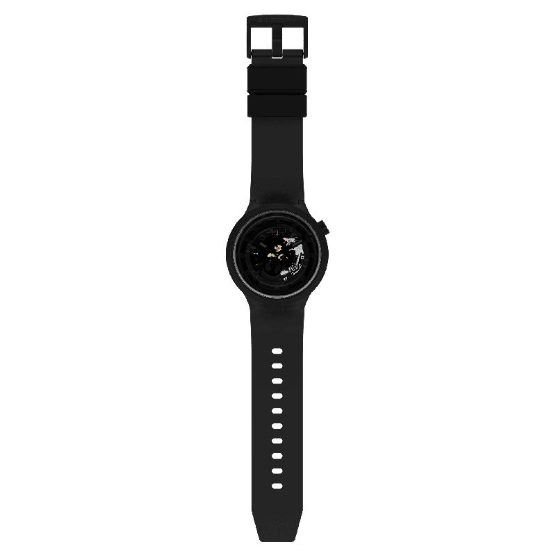 Swatch C-BLACK watch featuring a bold black bioceramic case, bio-sourced strap, and a striking transparent skeleton dial.