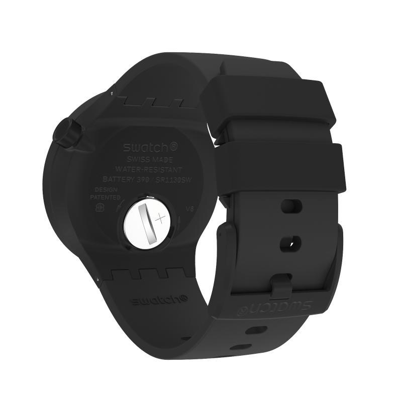 Swatch C-BLACK watch featuring a bold, matte black bioceramic case and bio-sourced strap with a sleek, minimalist design.
