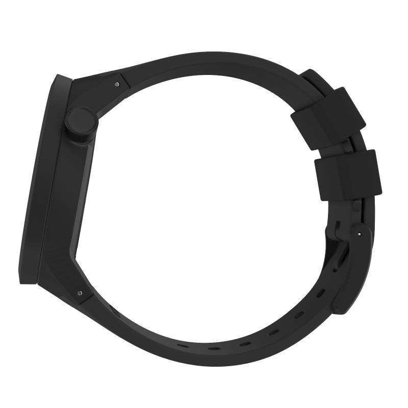 Swatch C-BLACK watch in matte black bioceramic with a sleek, minimalist round case and durable bio-sourced strap.