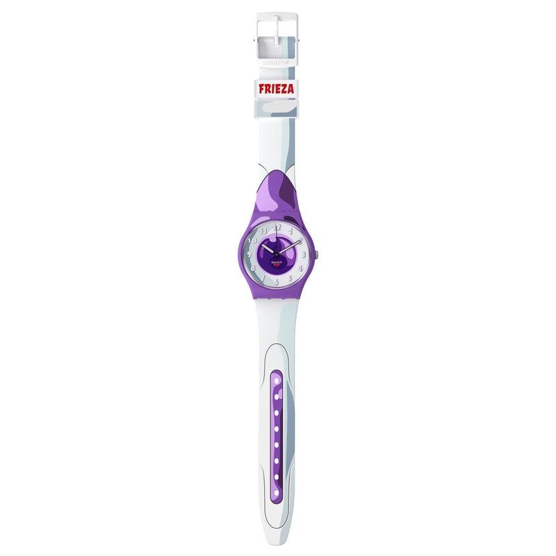 Swatch Frieza Dragon Ball Z watch with a purple case, white silicone strap, and Frieza-themed dial design.
