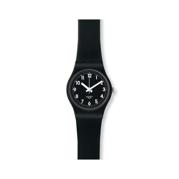 Swatch Originals Lady Black watch featuring a sleek 25mm plastic case and comfortable black silicone strap.
