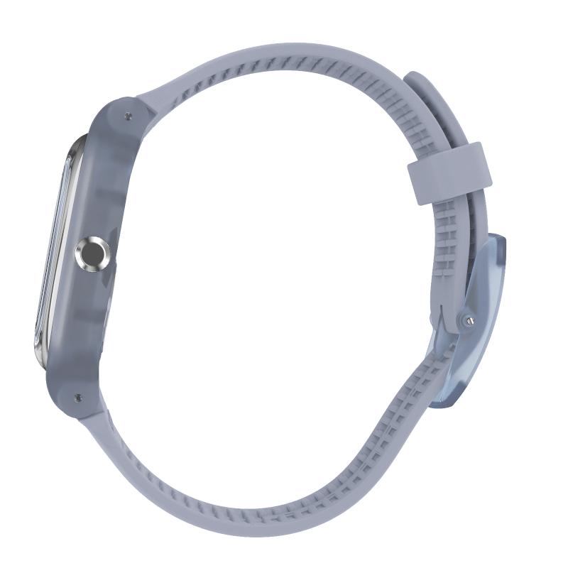 Side view of the blue Swatch Sea Rebel watch featuring a durable 41mm plastic case and comfortable silicone strap.