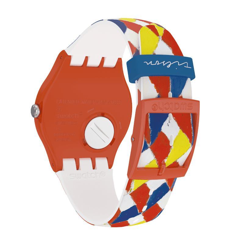 Swatch Joe Tilson Venetian watch with vibrant art-patterned silicone strap, orange plastic case, and white buckle.
