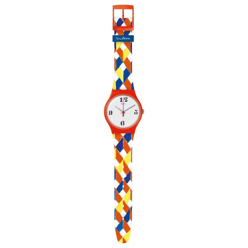 Swatch Joe Tilson Venetian watch with vibrant patterned silicone strap, orange plastic case, and white dial.