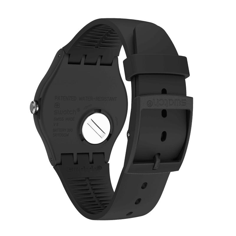 Swatch TIMEFORTIME black bio-sourced watch featuring a 41mm round case and durable matching silicone strap.