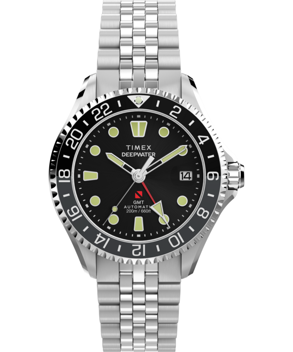 Timex Deepwater Meridian 200 Automatic GMT Stainless Steel Bracelet Watch Black Dial