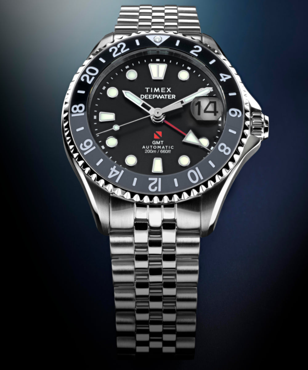Timex Deepwater Meridian 200 Automatic GMT Stainless Steel Bracelet Watch Black Dial