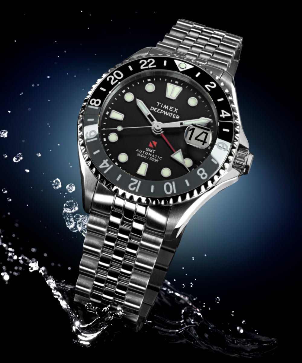 Timex Deepwater Meridian 200 Automatic GMT Stainless Steel Bracelet Watch Black Dial