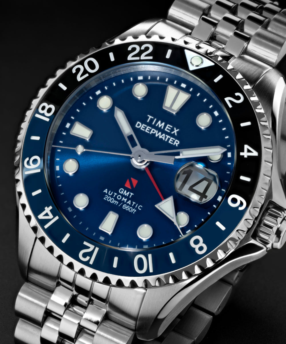 Timex Deepwater Meridian 200 Automatic GMT Stainless Steel Bracelet Watch Blue Dial