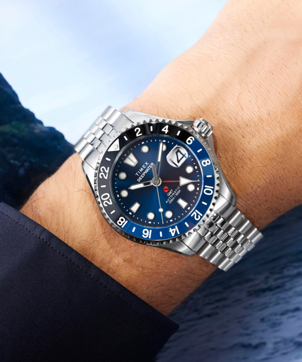 Timex Deepwater Meridian 200 Automatic GMT Stainless Steel Bracelet Watch Blue Dial