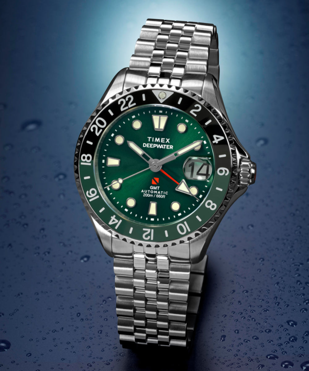 Timex Deepwater Meridian 200 Automatic GMT Stainless Steel Bracelet Watch Green Dial