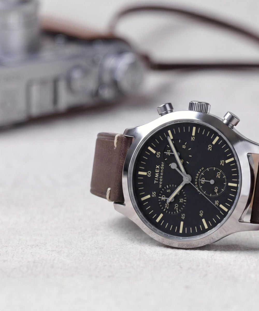 Timex Weekender New England Chronograph Leather Strap Watch Black Dial