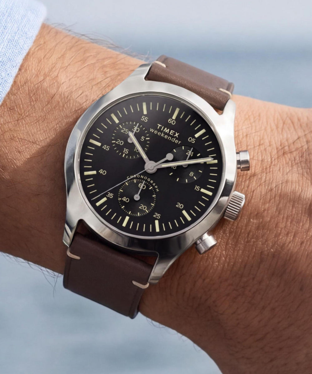 Timex Weekender New England Chronograph Leather Strap Watch Black Dial