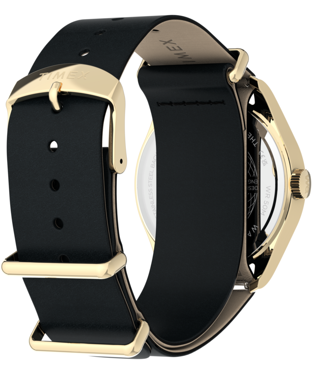 Timex Weekender New England Leather Strap Watch Gold-Tone Black Strap