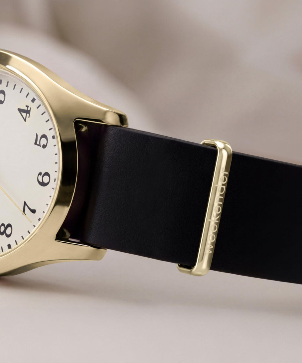 Timex Weekender New England Leather Strap Watch Gold-Tone Black Strap
