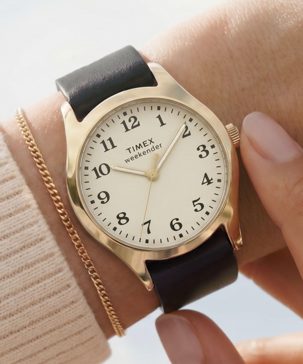 Timex Weekender New England Leather Strap Watch Gold-Tone Black Strap