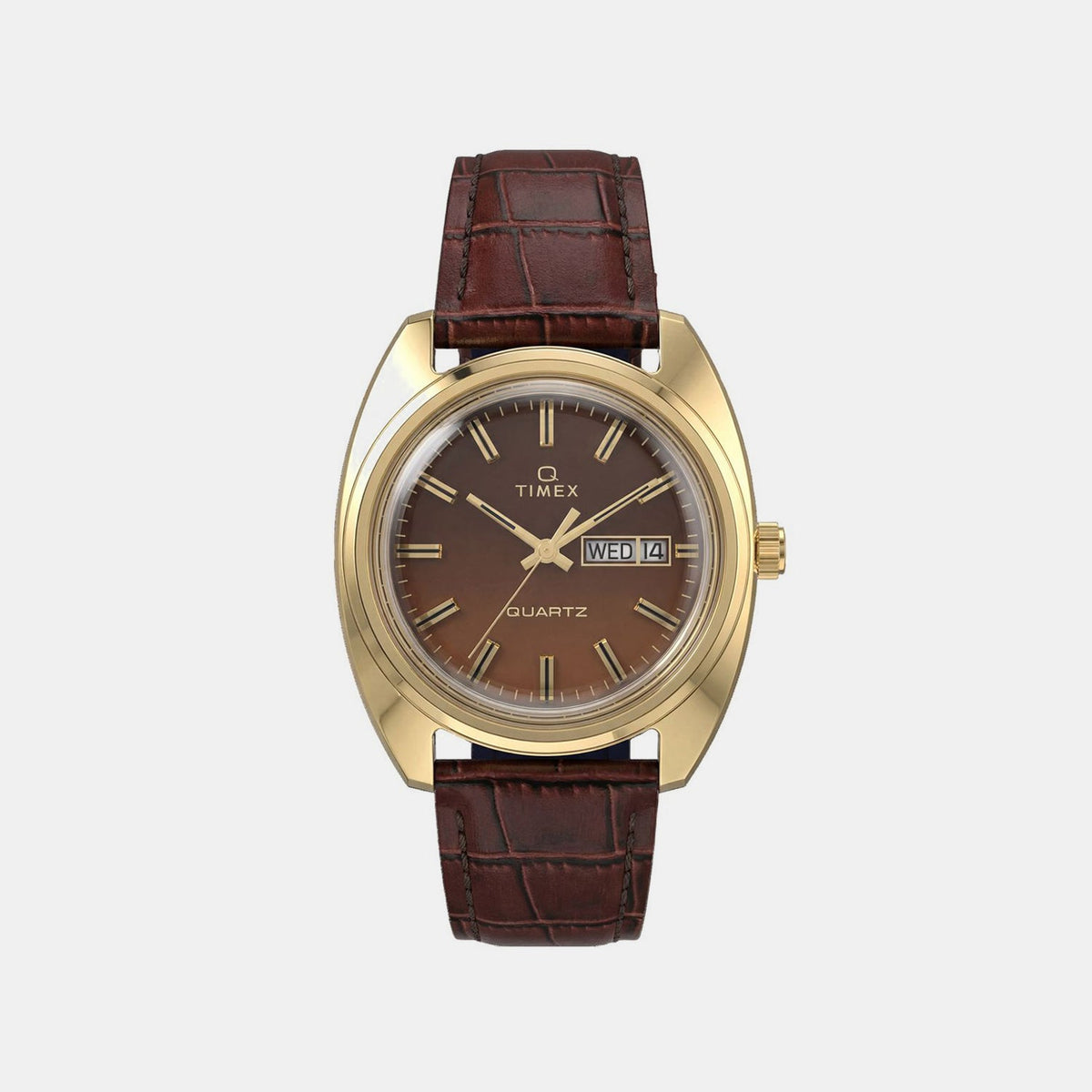 Timex Q Timex Day-Date Leather Strap Watch Brown Dial