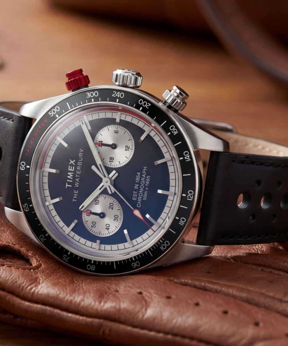 Timex Waterbury Heritage Chronograph Leather Strap Watch Black Strap