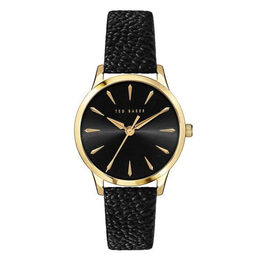 Ted Baker FITZROVIA Charm SST Yellow-Gold Tone Black Leather Strap Watch