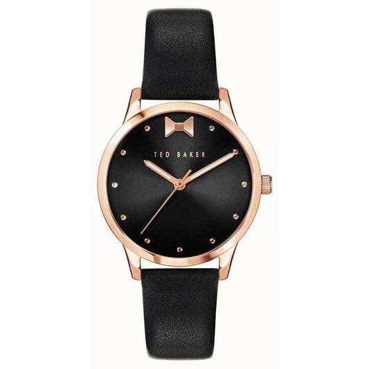 Ted Baker Fitzrovia Ladies Rose-Gold Black Leather Strap