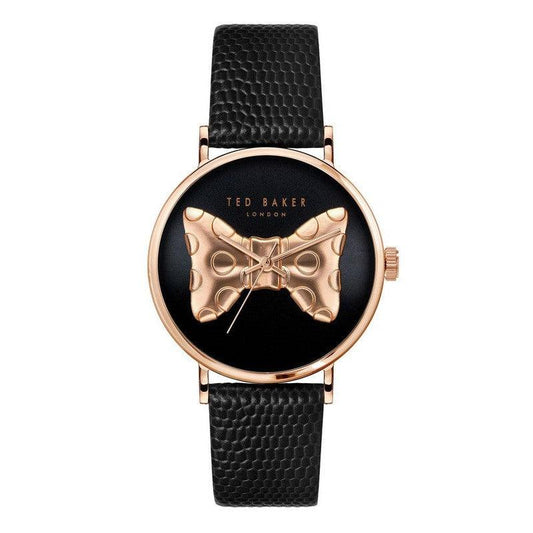 Ted Baker Phylipa Bow Ladies Rose Gold Black Leather Strap
