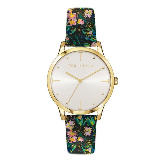 Ted Baker Poppiey Ladies Yellow Gold Tone Black Printed Leather Strap