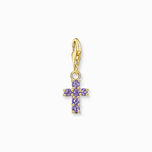 Thomas Sabo Charm Pendant - Cross with Amethyst-Coloured Stones Yellow-Gold Plated