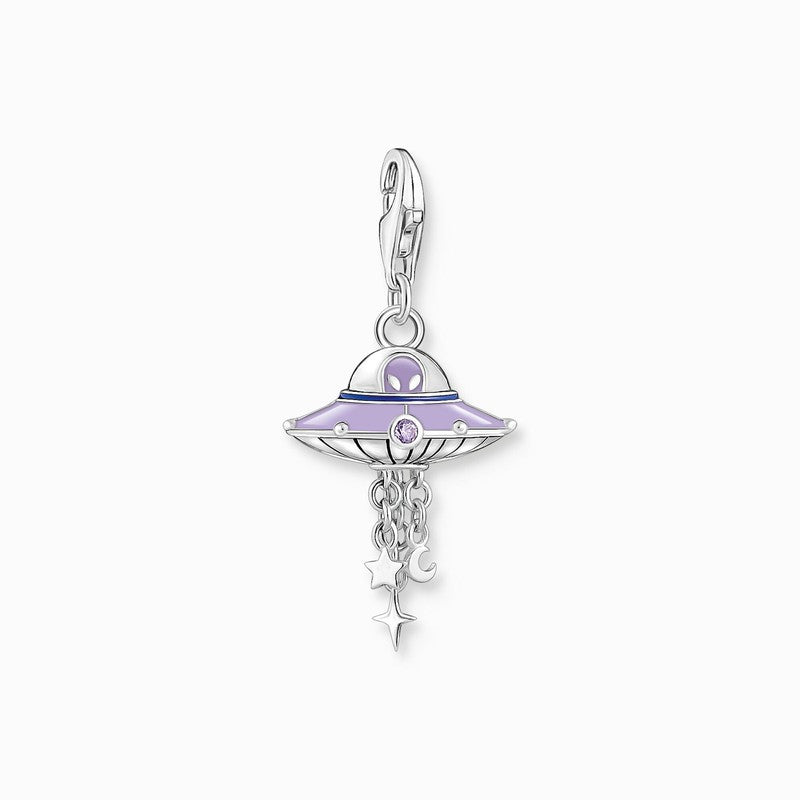 Thomas Sabo Charm Pendant - UFO with Violet cold Enamel and Stones Silver Blackened