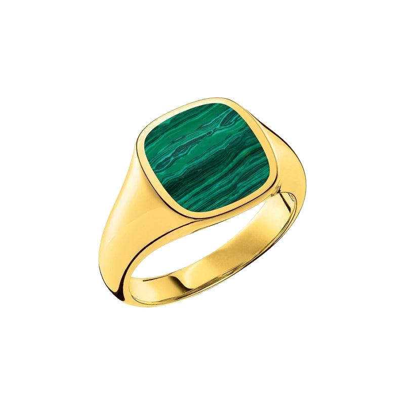 Thomas Sabo gold-plated signet ring featuring a unique green imitation malachite inlay in 925 sterling silver.