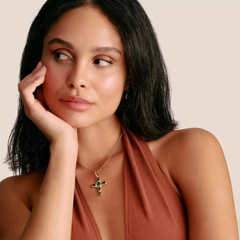 Thomas Sabo Elyndra 18k Gold Plated Cross Pendant with Green Zirconia