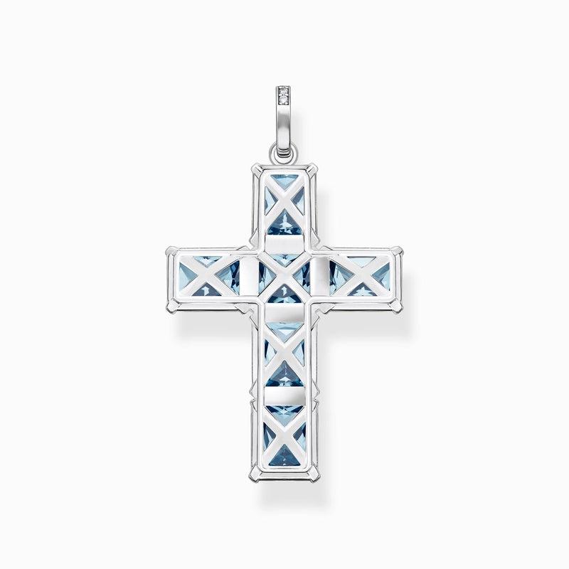 Thomas Sabo Pendant Cross with Aquamarine-Coloured Stones - Silver