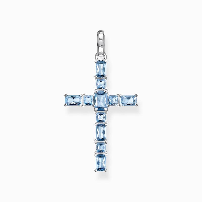 Thomas Sabo Pendant Cross with Aquamarine-Coloured Stones - Silver