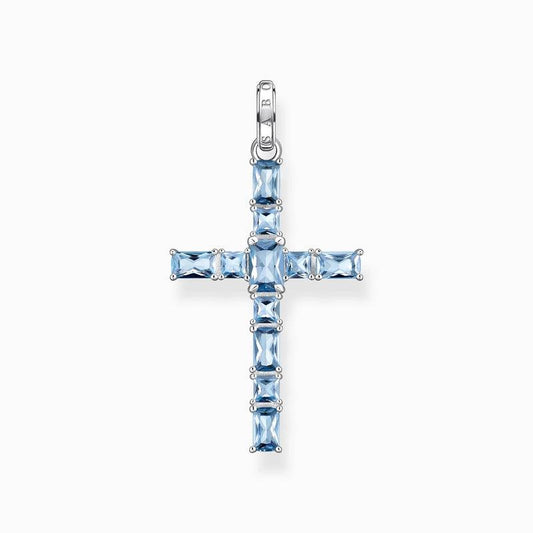 Thomas Sabo Pendant Cross with Aquamarine-Coloured Stones - Silver