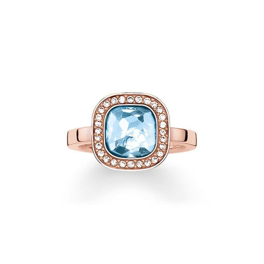 Thomas Sabo Rose Gold Plated Square Blue Cubic Zirconia Ring