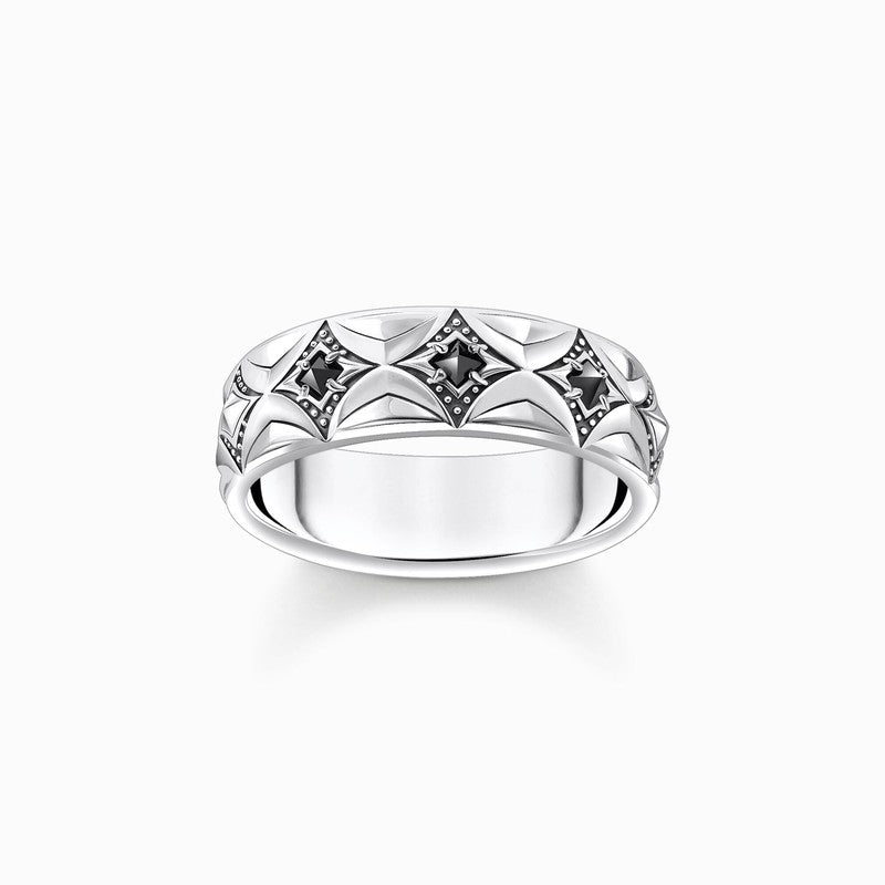 Thomas Sabo Silver Blackend Band Ring with Rhombus Pattern and Zirconia