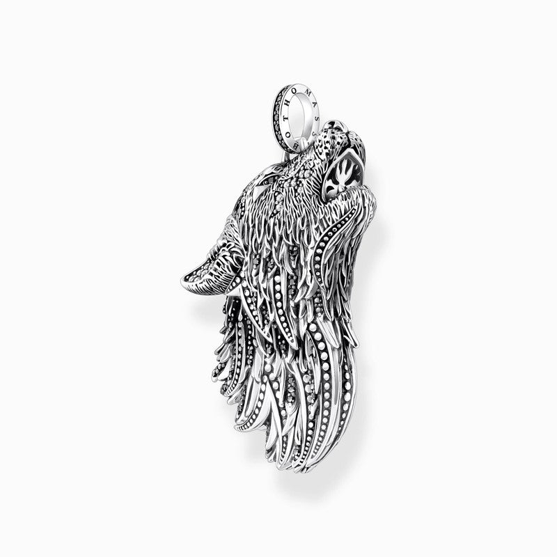 Thomas Sabo Silver Blackened Pendant Howling Wolf with Stones