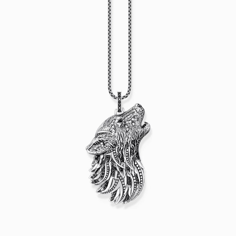 Thomas Sabo Silver Blackened Pendant Howling Wolf with Stones