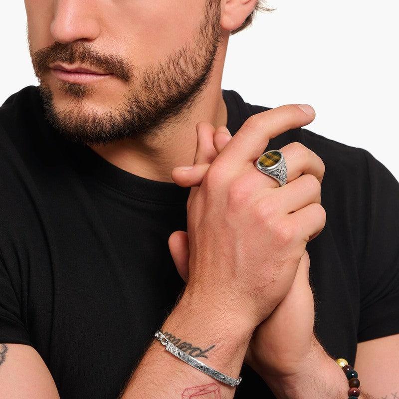 Thomas Sabo Silver Blackened Signet Ring with Gold Blue Tiger's Eye