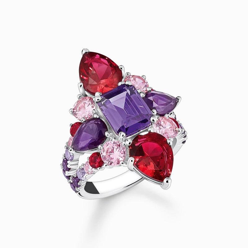 Thomas Sabo Silver Cocktail Ring with Red, Pink and Violet Zirconia