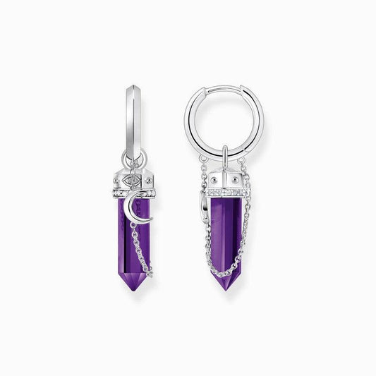 Thomas Sabo Silver Hoop Earrings with Imitation Amethysts and Delicate Chain