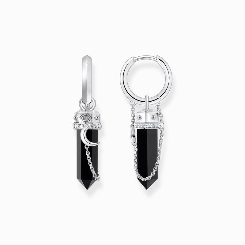 Thomas Sabo Silver Hoop Earrings with Onyx in Hexagon-shape and Small Chain